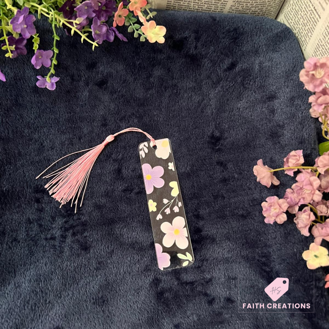 Acrylic Bookmark – Pink & Yellow Floral Design with Light Pink Tassel